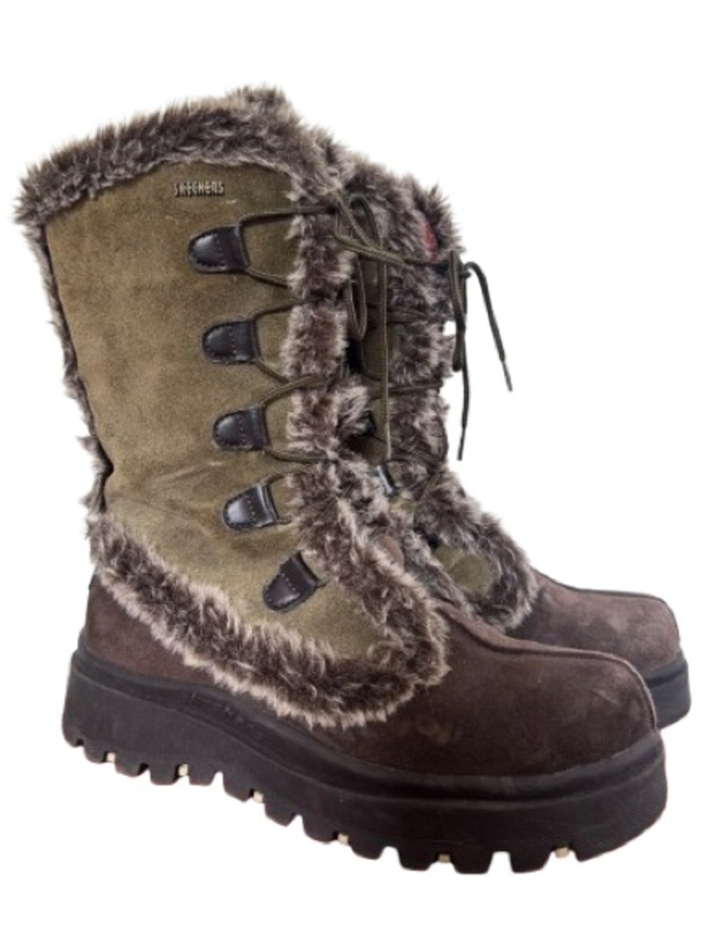 Vintage Skechers Brown Green Faux Fur Leather Platform Lace Up Boots y2k Chunky